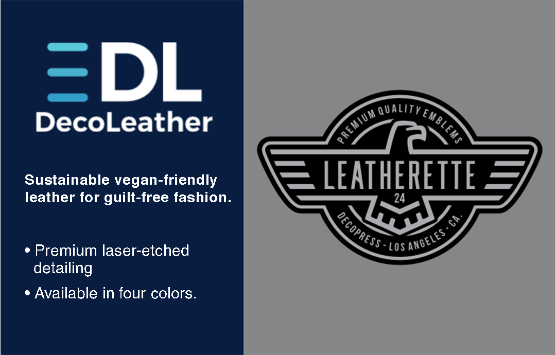 DecoLeather sustainable vegan-friendly leather for guilt-free fashion. Premium laser etched detailing - premium look and feel - available in four colors.