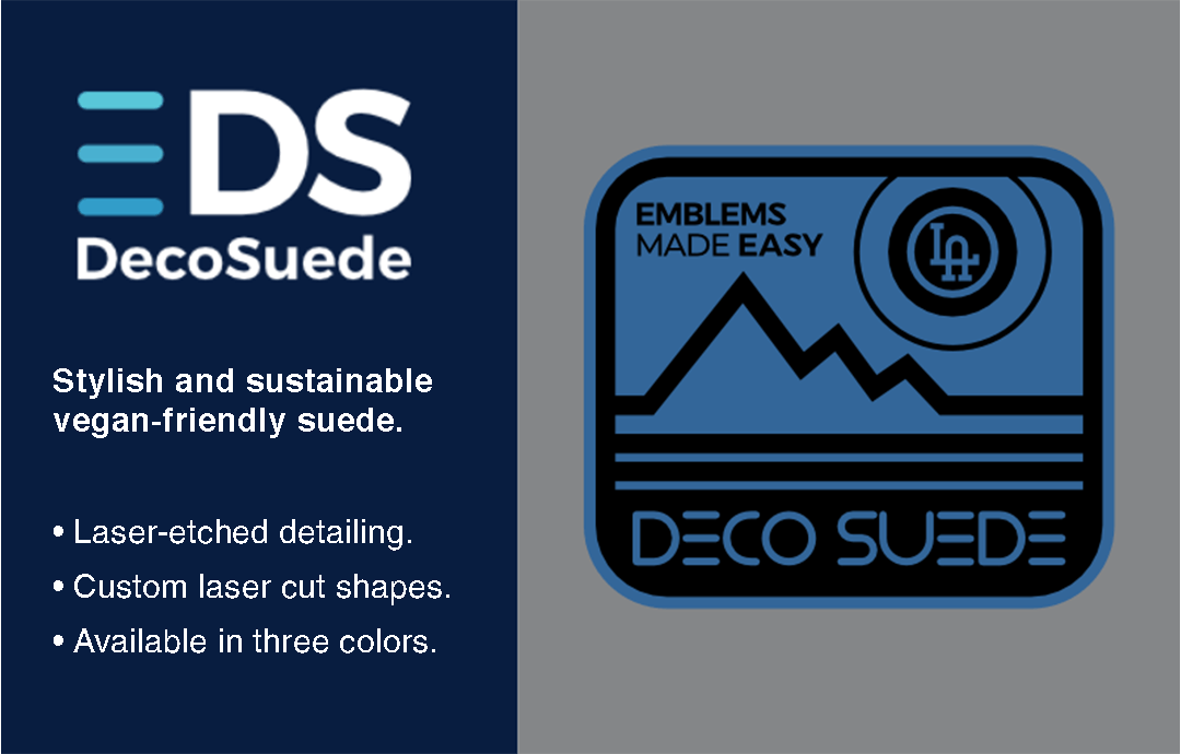 DecoSuede Stylish and sustainable vegan-friendly suede patches - laser etched detailing - custom laser cut shapes - available in three colors