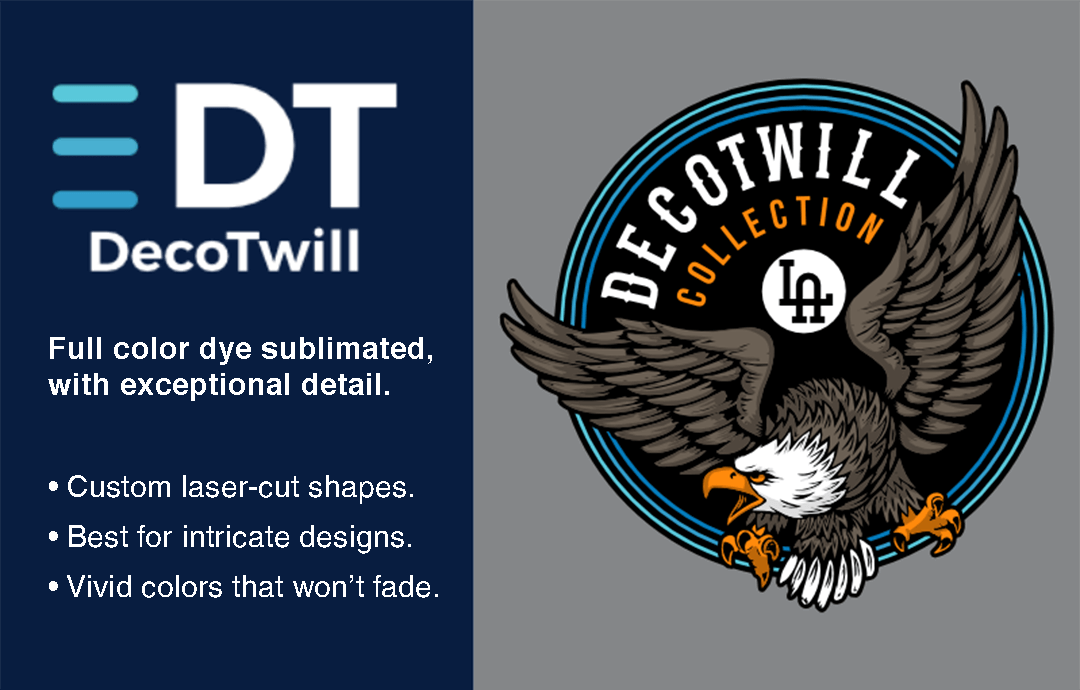 DecoTwill Full color dye sublimated emblem with exceptional detail - custom laser cut shapes - best for intricate designs - vivid colors that won't fade