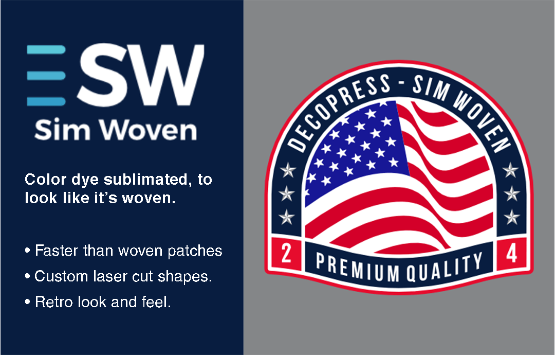 SimWoven color dye sublimated to look like its woven - faster than woven patches - custom laser cut shapes - retro look and feel